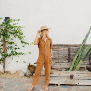 Linen Short Sleeve Jumpsuit in Sedona